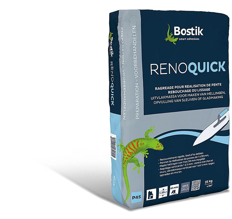 Enduit de ragréage Bostik SL C950 RENOQUICK, produit de rebouchage, reprofilage, à prise et séchage rapide. Pour le rattrapage de fortes épaisseurs en une seule couche 25.00 kg