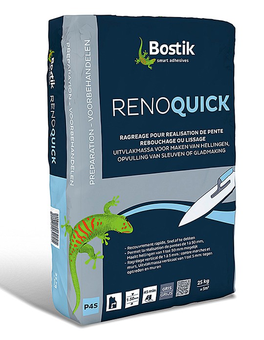 Enduit de ragréage Bostik SL C950 RENOQUICK, produit de rebouchage, reprofilage, à prise et séchage rapide. Pour le rattrapage de fortes épaisseurs en une seule couche 25.00 kg