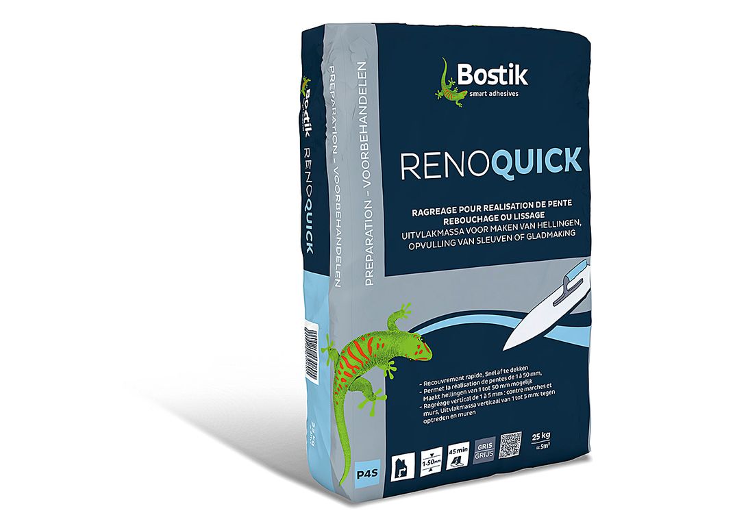 Enduit de ragréage Bostik SL C950 RENOQUICK, produit de rebouchage, reprofilage, à prise et séchage rapide. Pour le rattrapage de fortes épaisseurs en une seule couche 25.00 kg