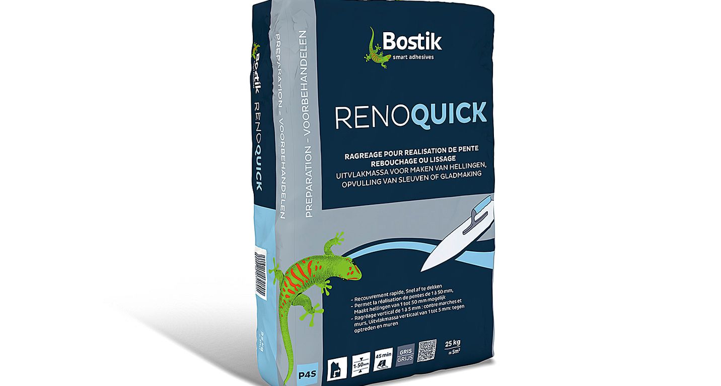 Enduit de ragréage Bostik SL C950 RENOQUICK, produit de rebouchage, reprofilage, à prise et séchage rapide. Pour le rattrapage de fortes épaisseurs en une seule couche 25.00 kg