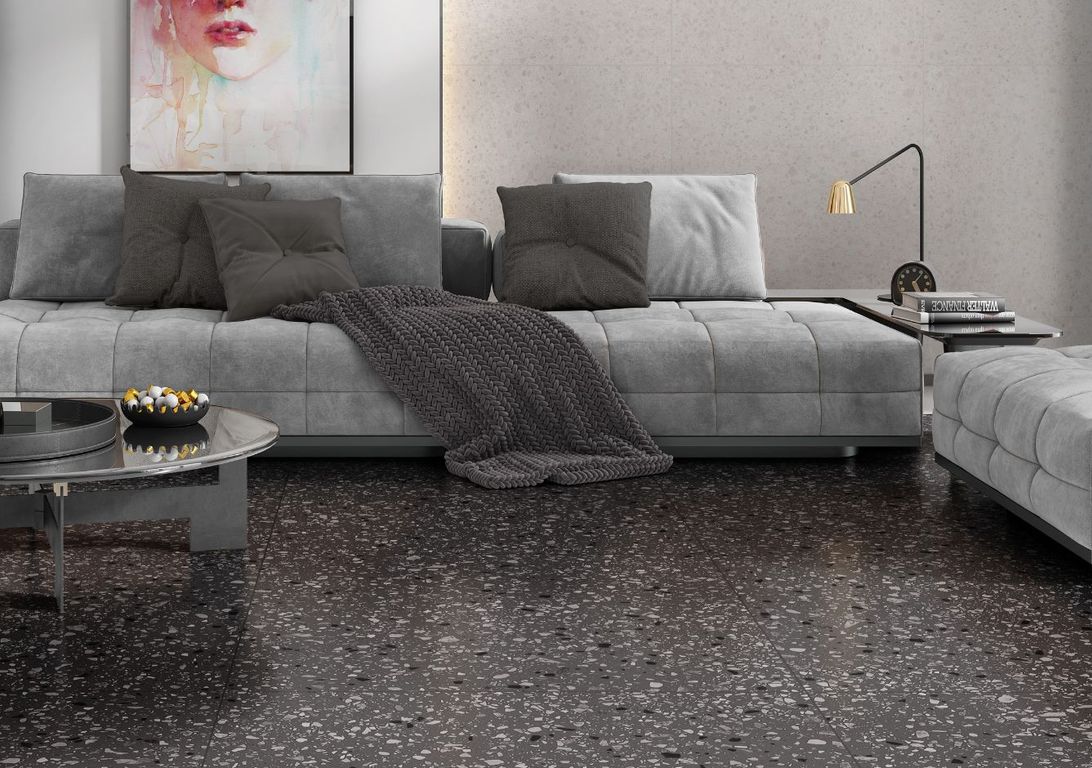 Carrelage GRANITO, aspect terrazzo noir, dim 60.00 x 60.00 cm