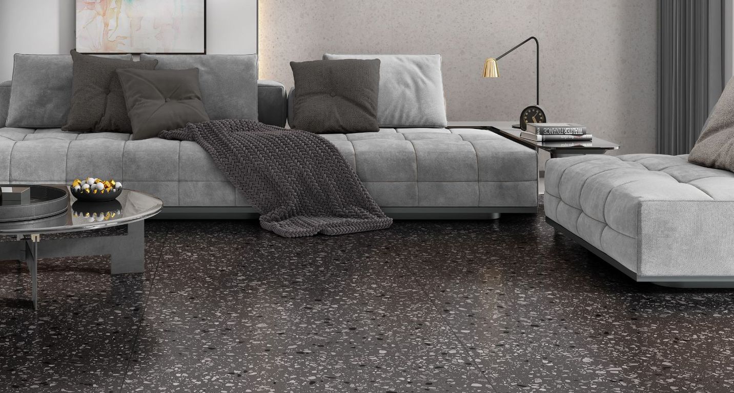 Carrelage GRANITO, aspect terrazzo noir, dim 60.00 x 60.00 cm