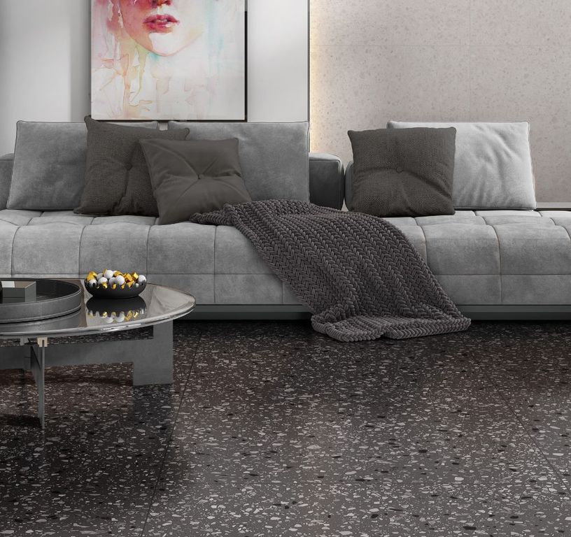 Carrelage GRANITO, aspect terrazzo noir, dim 60.00 x 60.00 cm