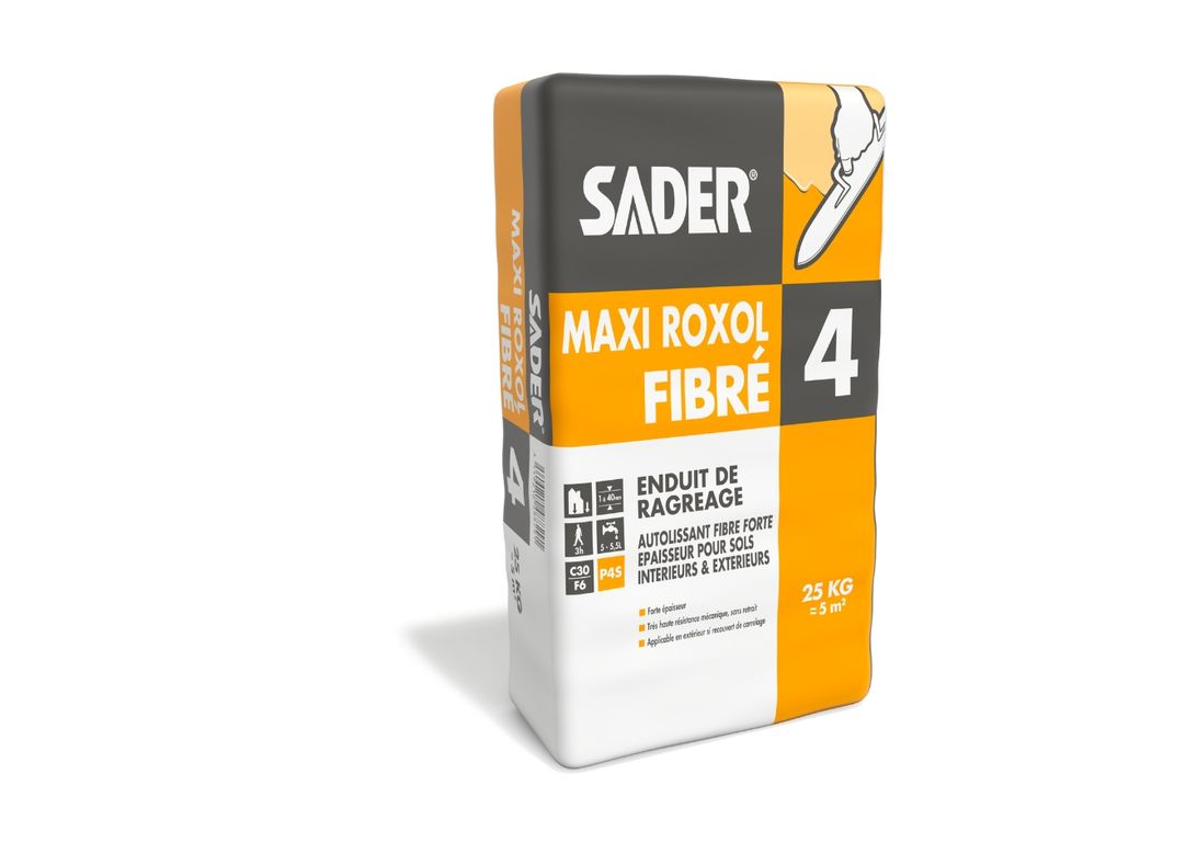 Enduit de ragréage Sader MAXI ROXOL FIBRE, autolissant et autonivelant pour forte épaisseur, spécialement adapté à la rénovation des anciens parquets et à tous types de travaux de rénovation, 25.00 kg