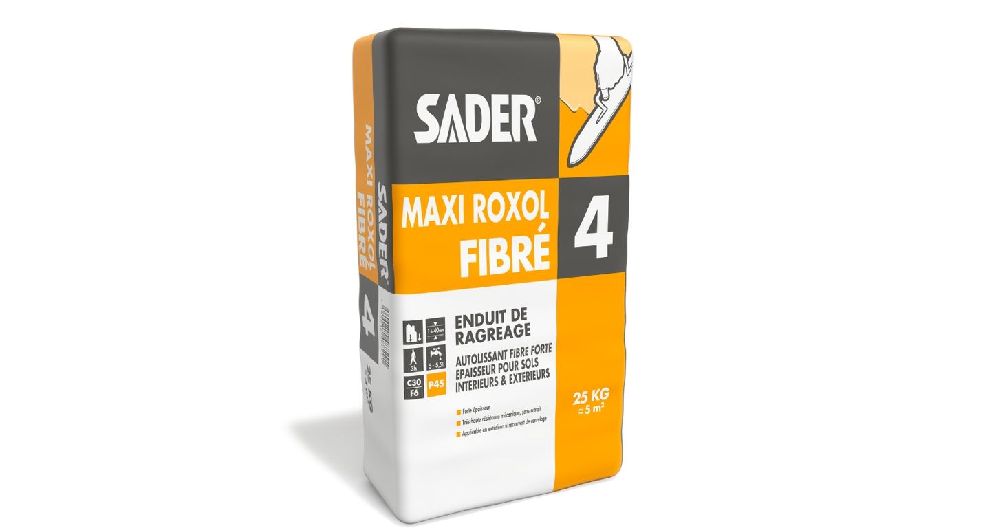 Enduit de ragréage Sader MAXI ROXOL FIBRE, autolissant et autonivelant pour forte épaisseur, spécialement adapté à la rénovation des anciens parquets et à tous types de travaux de rénovation, 25.00 kg