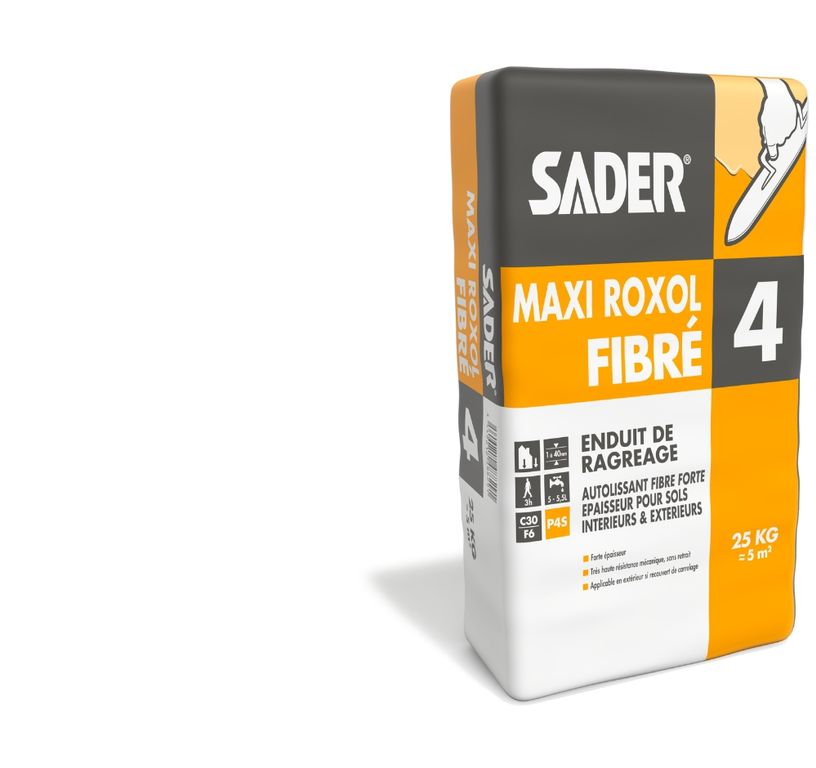 Enduit de ragréage Sader MAXI ROXOL FIBRE, autolissant et autonivelant pour forte épaisseur, spécialement adapté à la rénovation des anciens parquets et à tous types de travaux de rénovation, 25.00 kg
