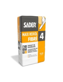 Enduit de ragréage Sader MAXI ROXOL FIBRE, autolissant et autonivelant pour forte épaisseur, spécialement adapté à la rénovation des anciens parquets et à tous types de travaux de rénovation, 25.00 kg