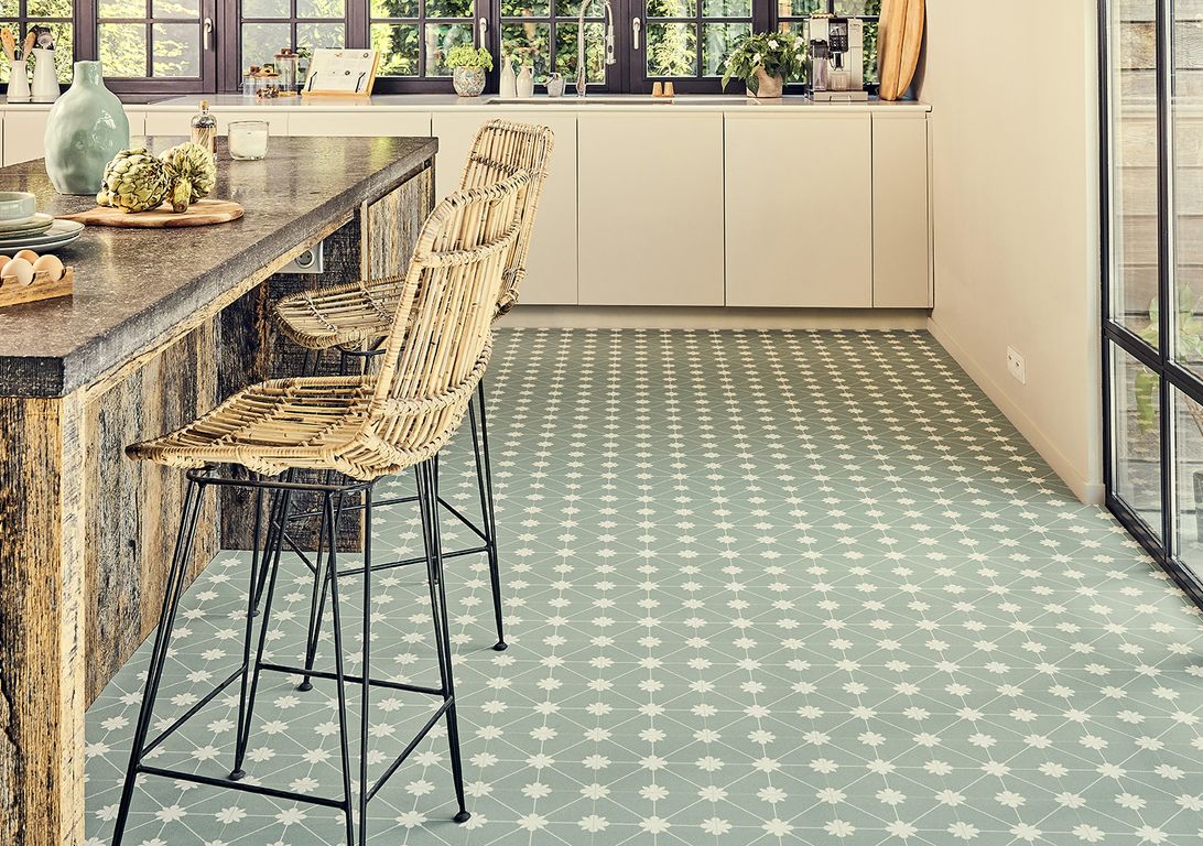 Sol vinyle rouleau ALEGRIA 2M , Carrelage fleur vert, rouleau 2.00 m