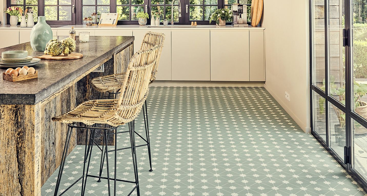 Sol vinyle rouleau ALEGRIA 2M , Carrelage fleur vert, rouleau 2.00 m