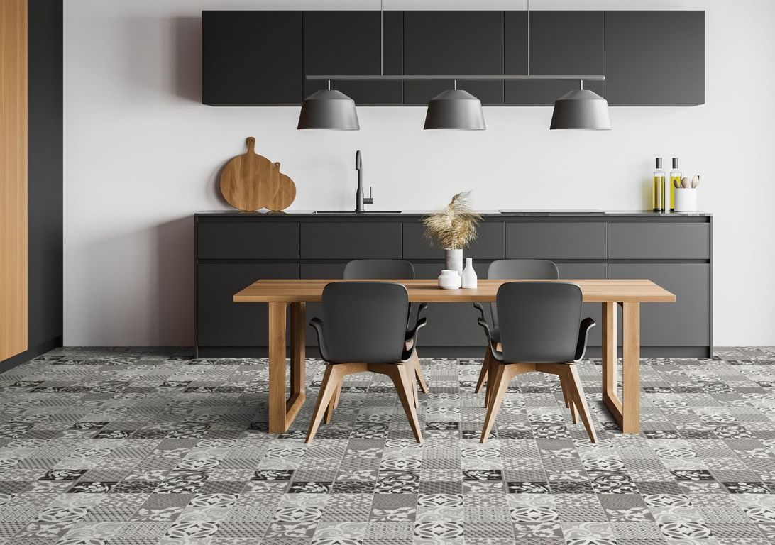 Sol vinyle rouleau BOOSTER 2M Gerflor, Carreaux ciment noir et blanc, rouleau 2.00 m