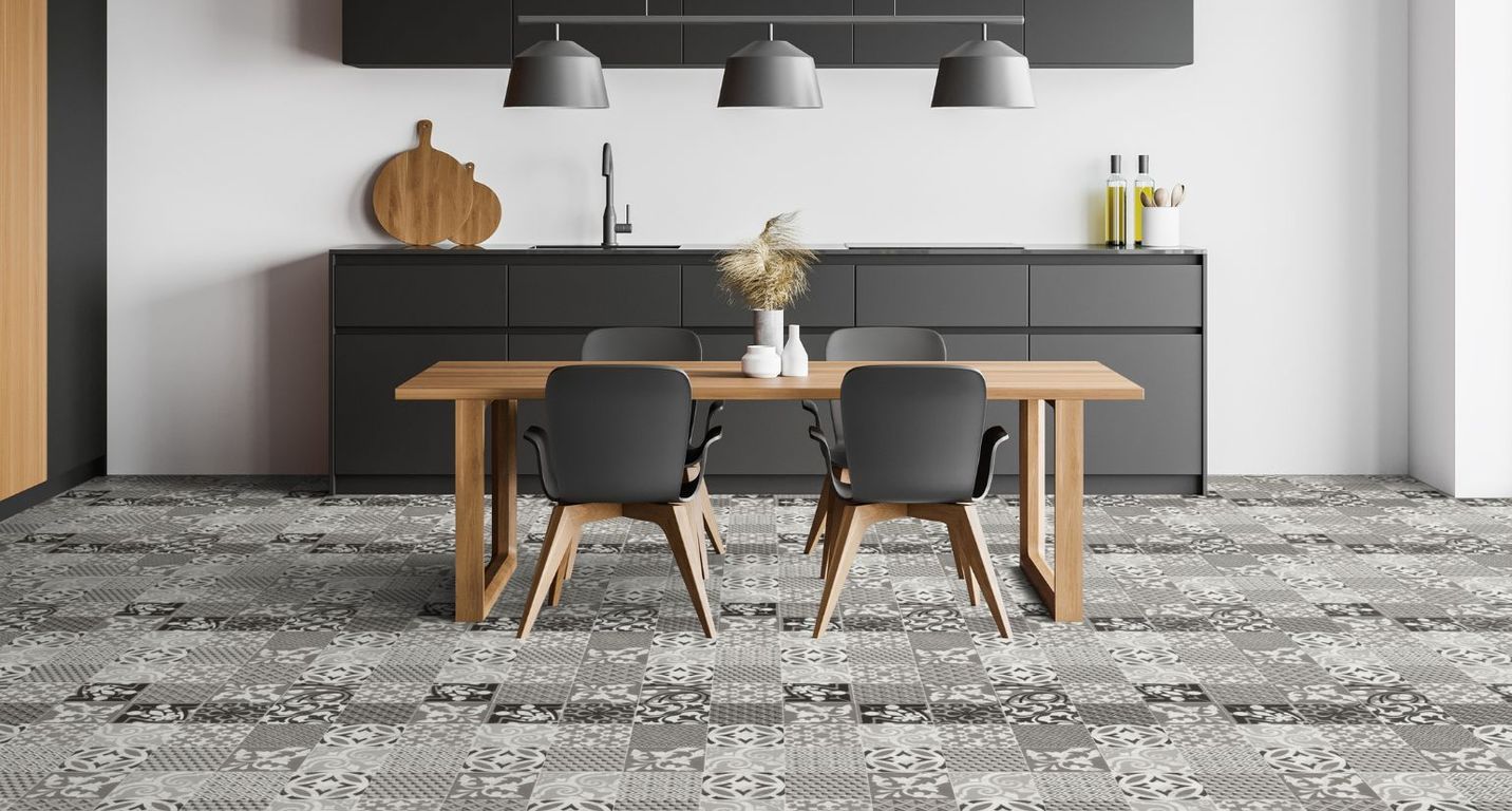 Sol vinyle rouleau BOOSTER 2M Gerflor, Carreaux ciment noir et blanc, rouleau 2.00 m