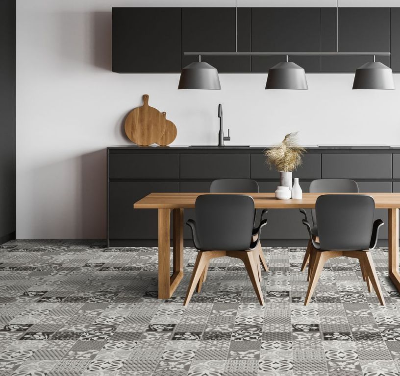 Sol vinyle rouleau BOOSTER 2M Gerflor, Carreaux ciment noir et blanc, rouleau 2.00 m