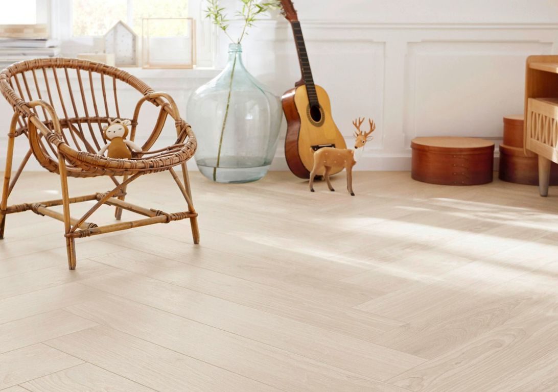 Sol stratifié TRENDTIME 3 BIS Parador, aspect Marqueterie chêne nature, lame 14.30 x 85.80 cm