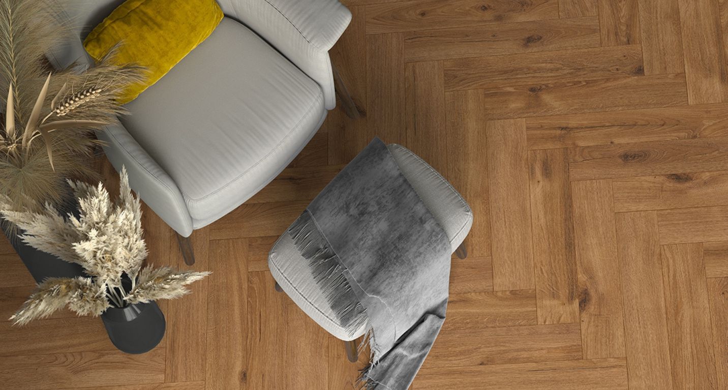 Sol stratifié MANOR BATON ROMPU , aspect Marqueterie marron, lame 13.10 x 64.30 cm