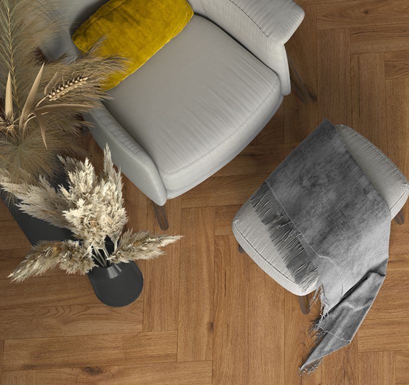 Sol stratifié MANOR BATON ROMPU , aspect Marqueterie marron, lame 13.10 x 64.30 cm