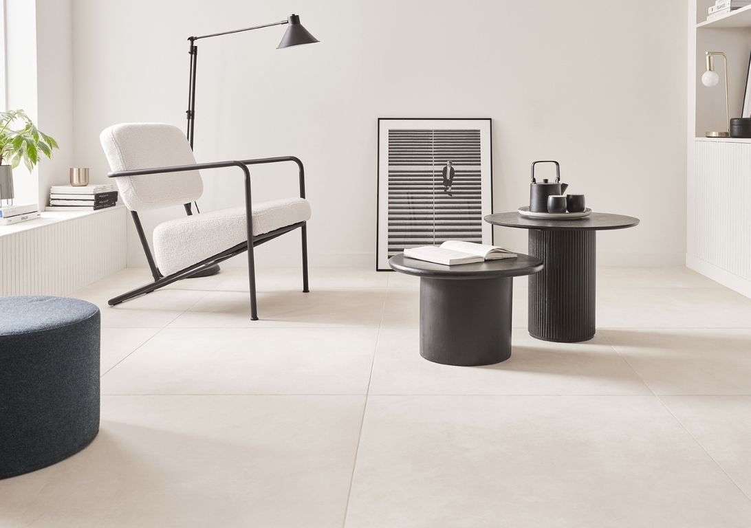 Carrelage EXTRA blanc, aspect béton 80x80cm, dim 79.80 x 79.80 cm