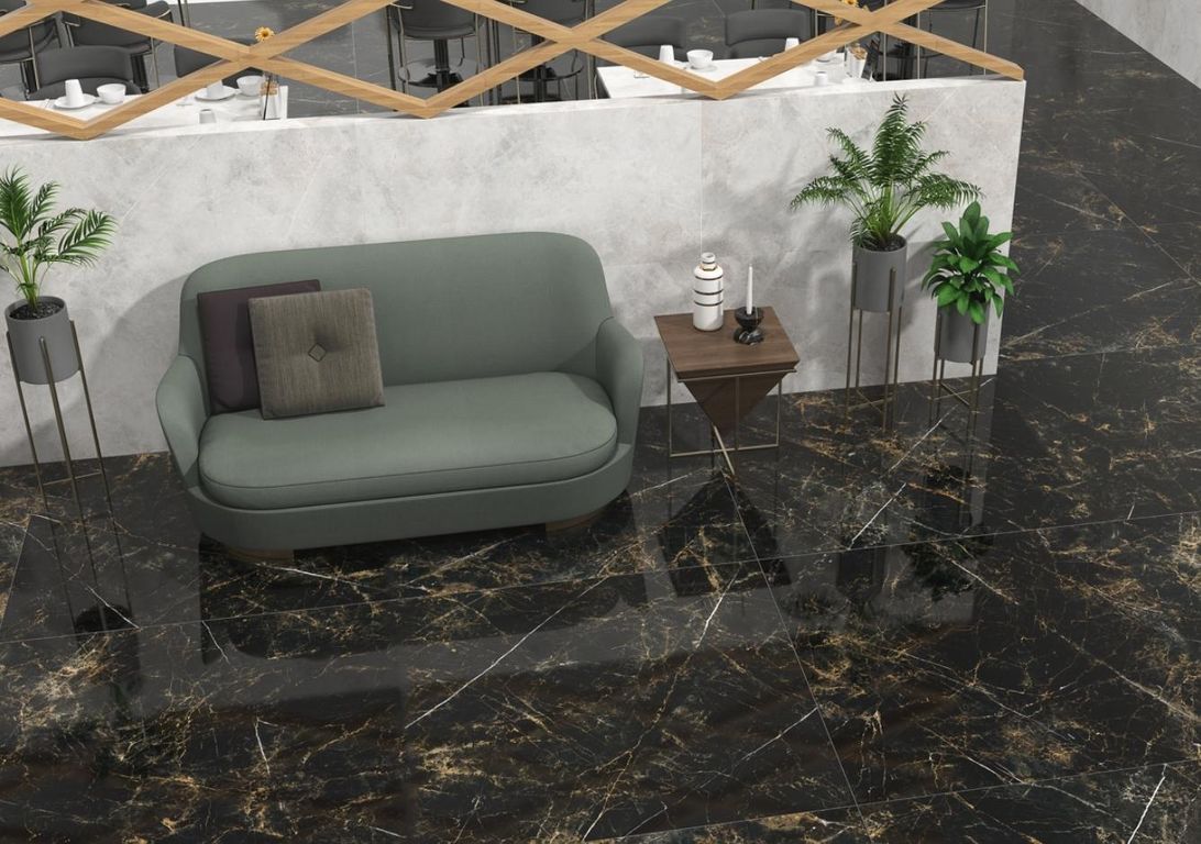 Carrelage EBENE NOIR POLI, aspect marbre noir, dim 60.00 x 120.00 cm