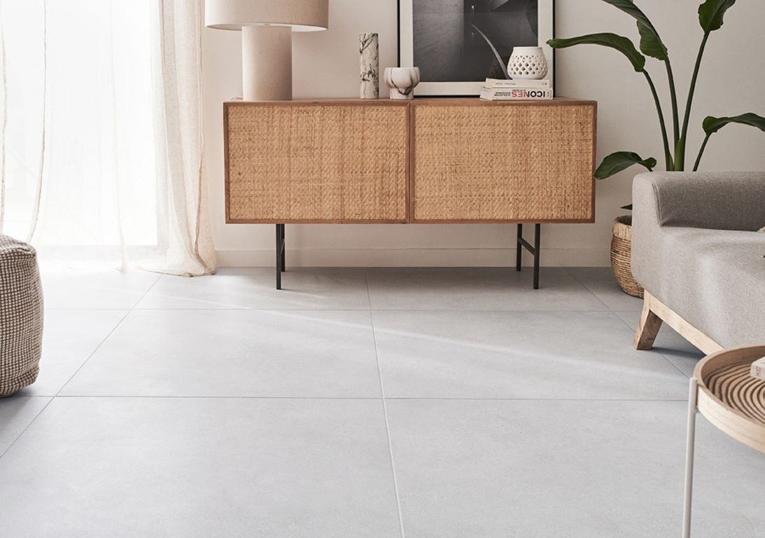 Carrelage BETONICO blanc, aspect béton blanc, dim 80.00 x 80.00 cm