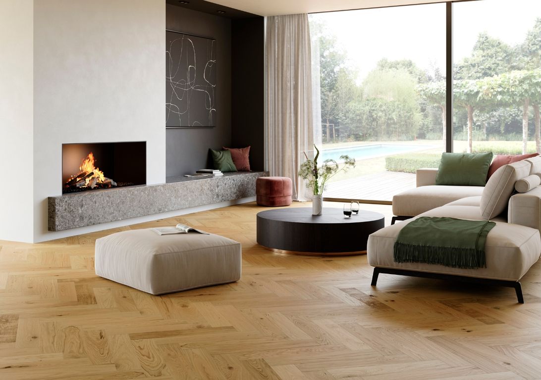 Parquet contrecollé BATON ROMPU CHALET 120 CHENE AUTHENTIQUE NEW, chêne naturel, verni, larg. 12.00 cm