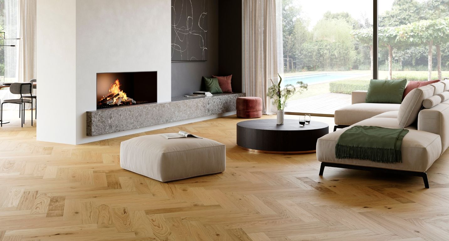 Parquet contrecollé BATON ROMPU CHALET 120 CHENE AUTHENTIQUE NEW, chêne naturel, verni, larg. 12.00 cm