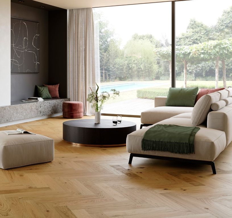 Parquet contrecollé BATON ROMPU CHALET 120 CHENE AUTHENTIQUE NEW, chêne naturel, verni, larg. 12.00 cm