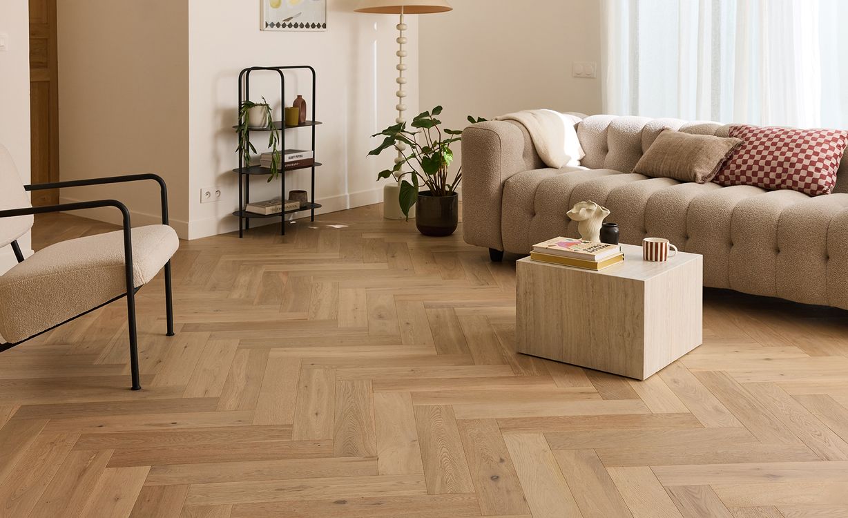 Parquet contrecollé BATON ROMPU CHALET 120 CHENE AUTHENTIQUE NEW, chêne naturel, verni, larg. 12.00 cm