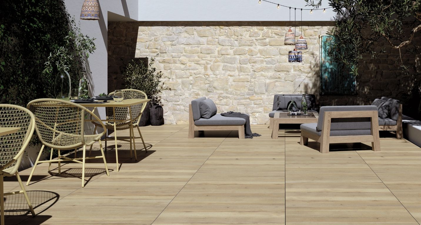 Dalle carrelage 20mm HALIFAX, aspect bois naturel, dim 45.00 x 90.00 cm