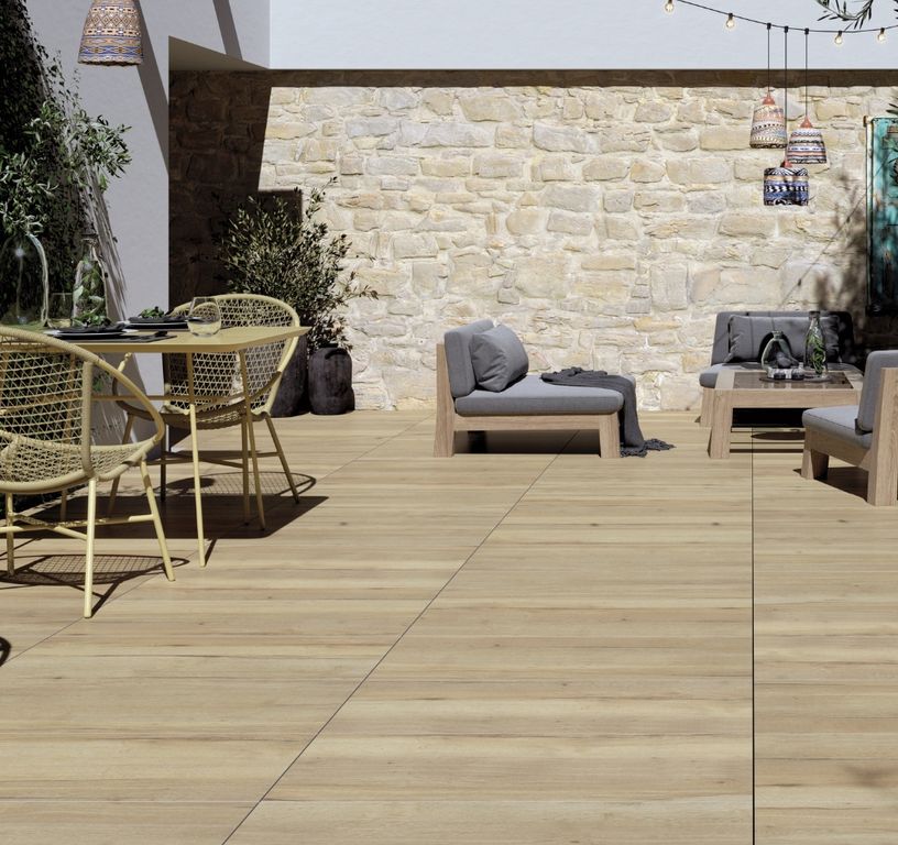 Dalle carrelage 20mm HALIFAX, aspect bois naturel, dim 45.00 x 90.00 cm