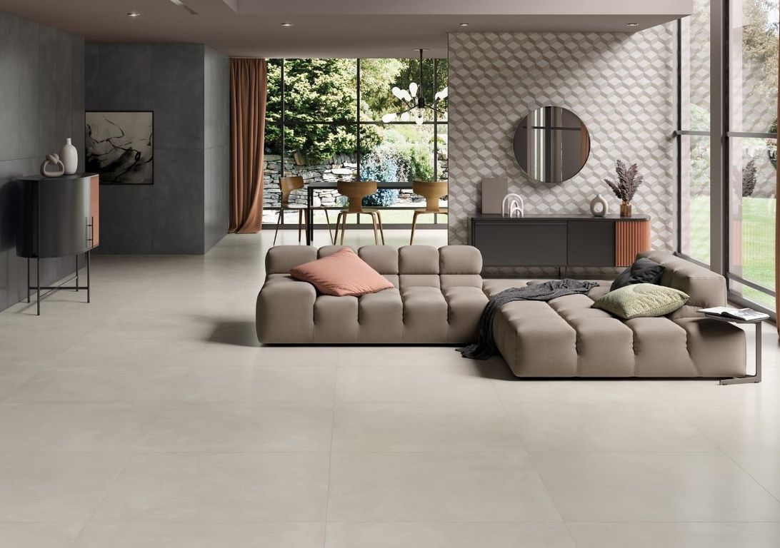 Carrelage SATIN NEW, aspect béton beige, dim 71.50 x 71.50 cm