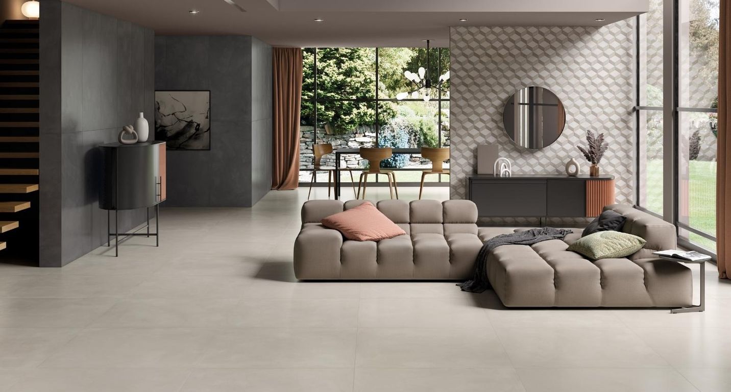 Carrelage SATIN NEW, aspect béton beige, dim 71.50 x 71.50 cm
