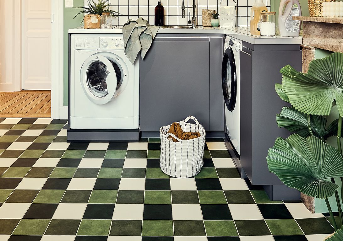 Sol vinyle rouleau TRENTO 2M , Carrelage vert et blanc, rouleau 2.00 m