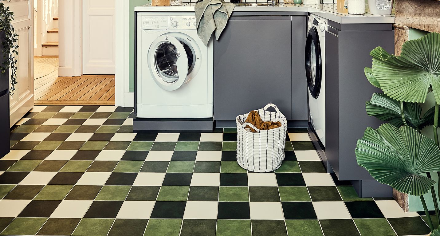 Sol vinyle rouleau TRENTO 2M , Carrelage vert et blanc, rouleau 2.00 m