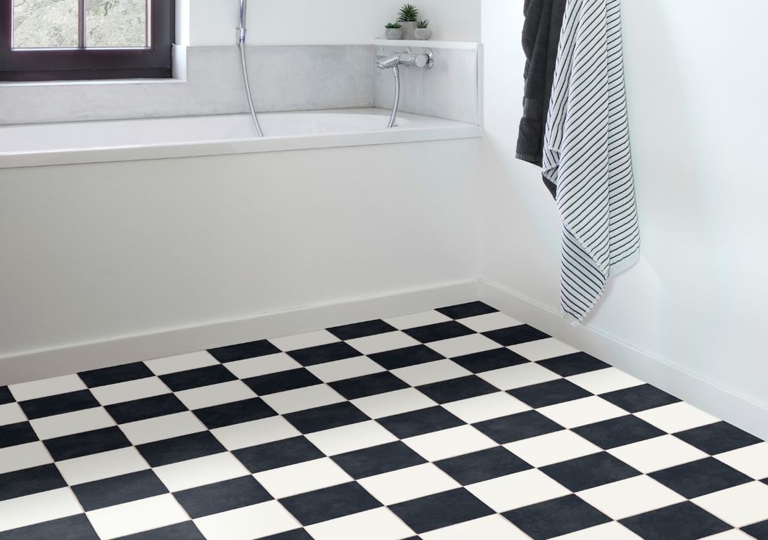 Sol vinyle rouleau TRENTO 2M , Carrelage noir et blanc, rouleau 2.00 m