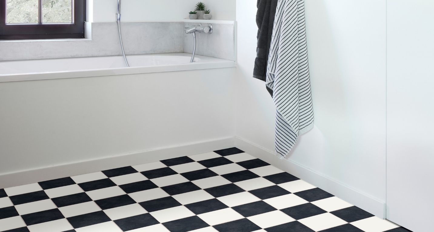 Sol vinyle rouleau TRENTO 2M , Carrelage noir et blanc, rouleau 2.00 m