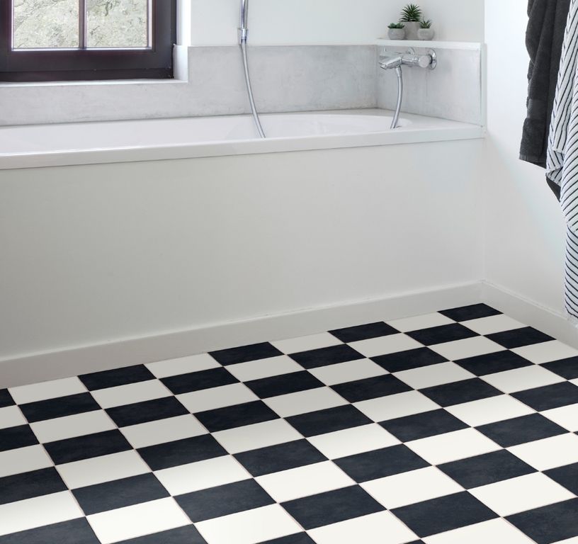 Sol vinyle rouleau TRENTO 2M , Carrelage noir et blanc, rouleau 2.00 m