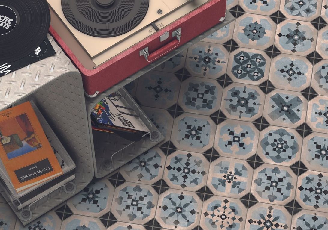 Carrelage 9DECORS BLEU, aspect carreau ciment multicolore, dim 31.60 x 31.60 cm