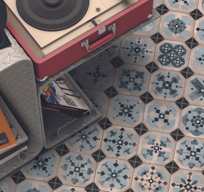 Carrelage 9DECORS BLEU, aspect carreau ciment multicolore, dim 31.60 x 31.60 cm