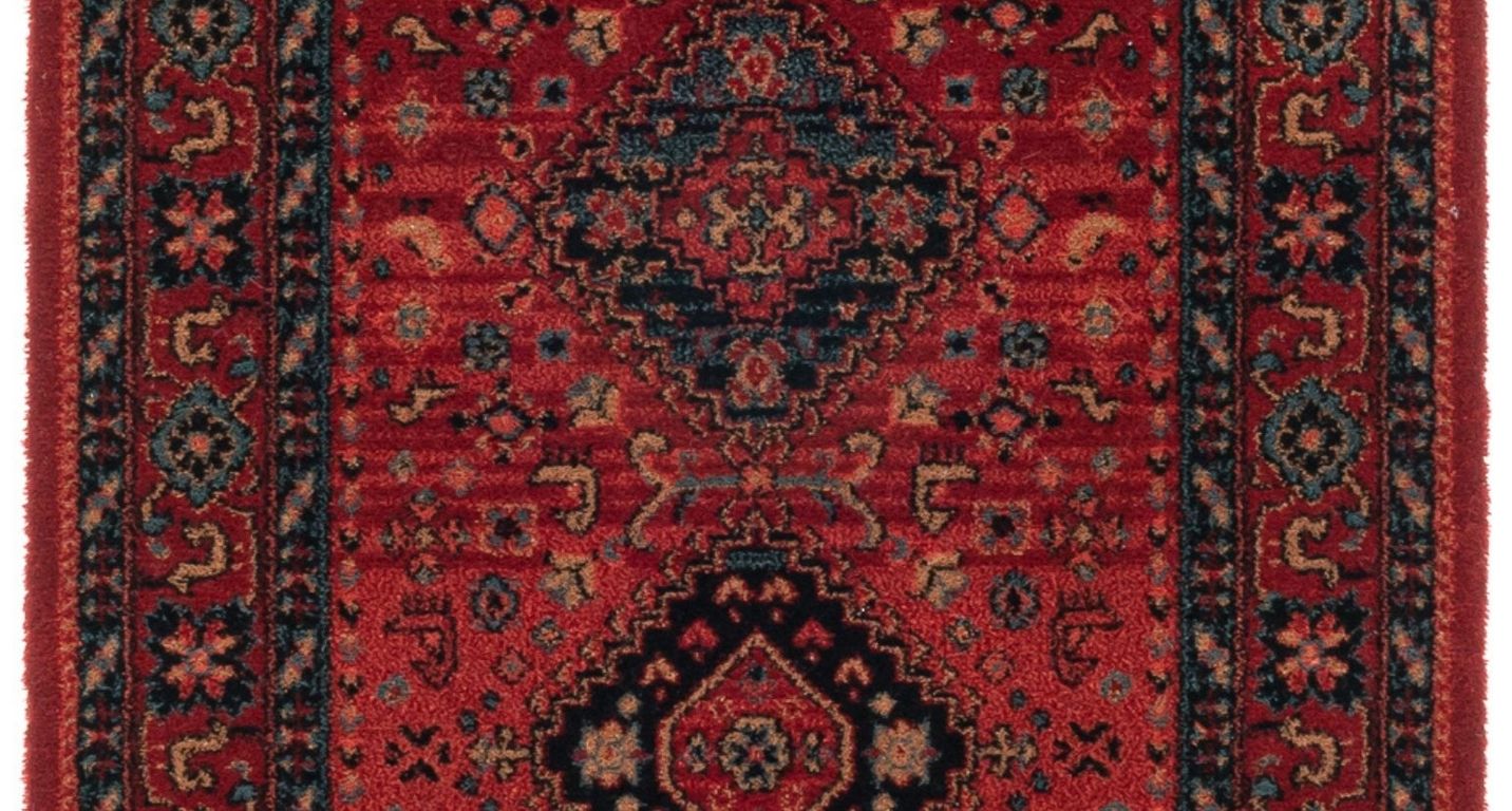 Passage d'escalier KASHQAI, moquette velours coupé, motif Orient, col rouge