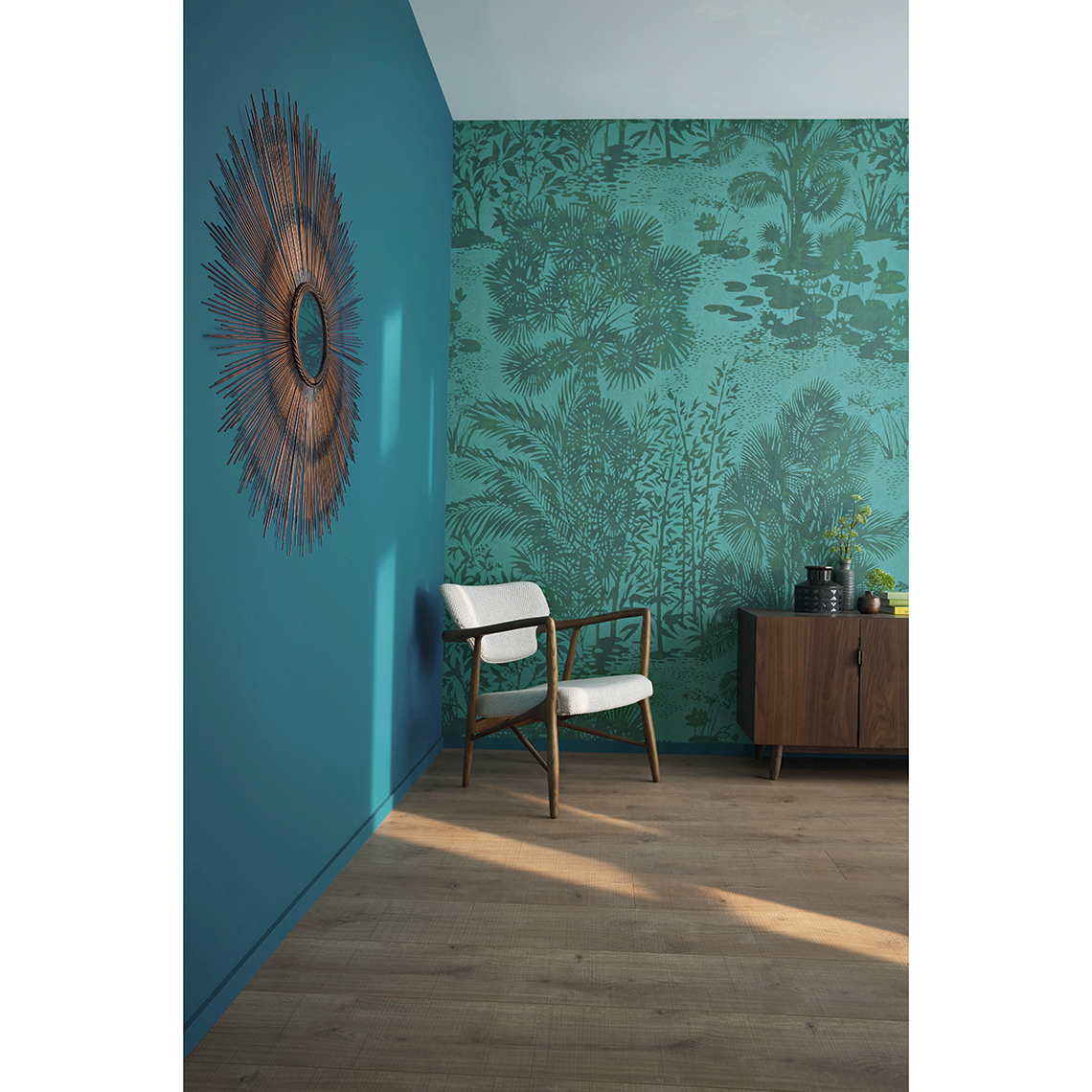 Papier peint PALMERAIE (panoramique) Casadeco, 100% Intissé décor Floral / Végétal, bleu lagon