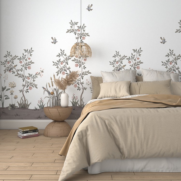 Papier peint Panoramique ELSA Tres Tintas, Vinyle sur intissé décor Floral / Végétal, blanc