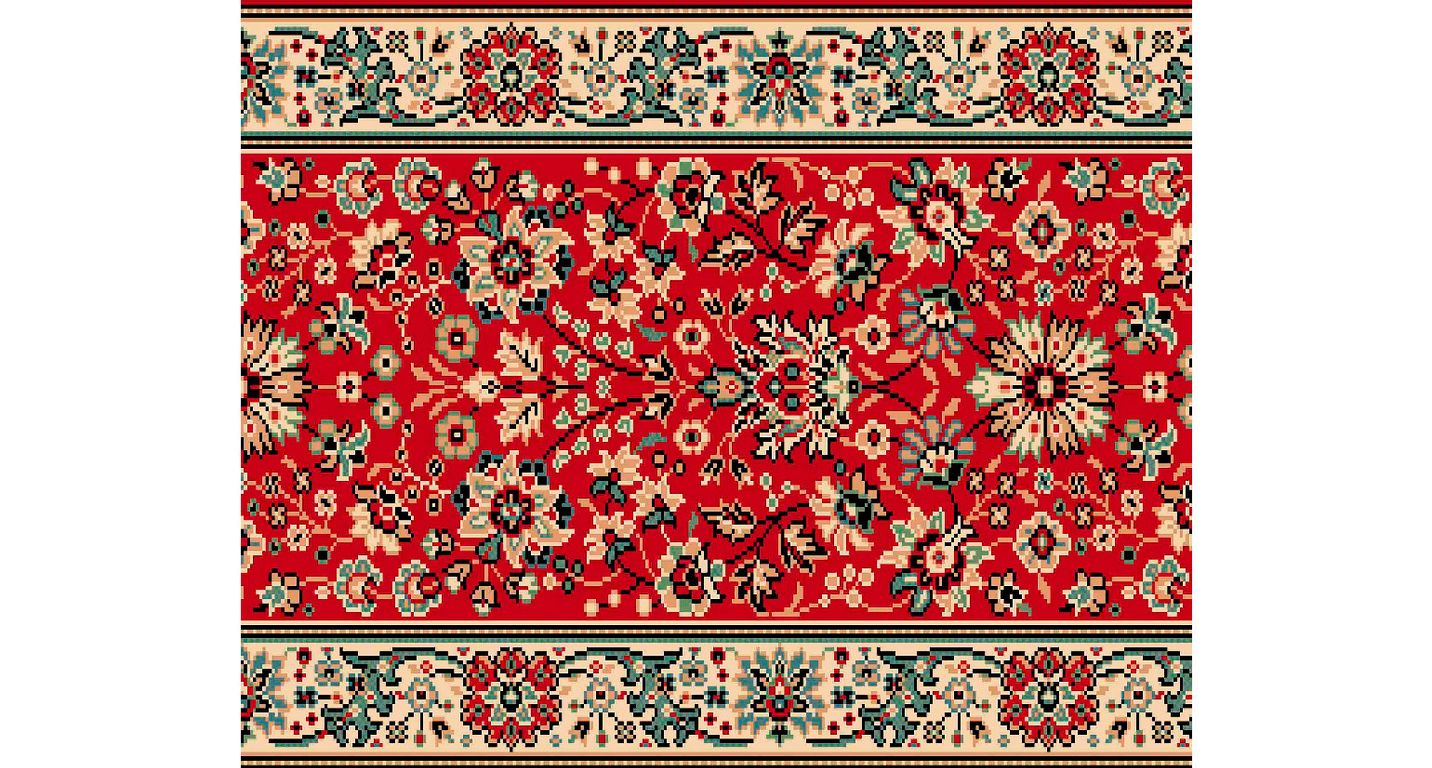 Passage d'escalier AVENUE PERSAN, moquette velours ras, motif Orient, col rouge