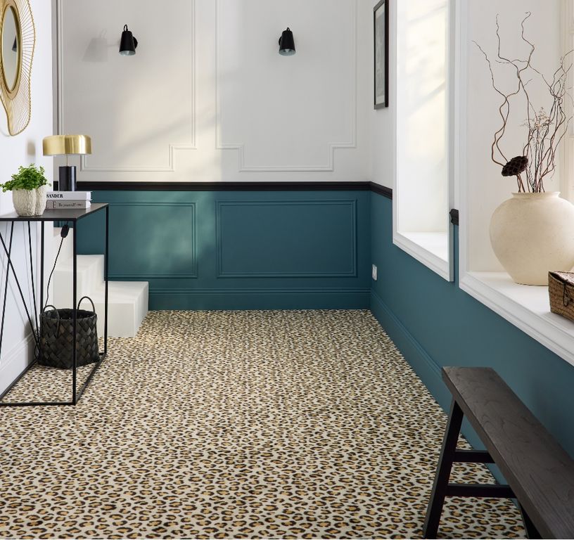 Moquette imprimée LEOPARD, col Beige et Blanc, rouleau 4.00 m