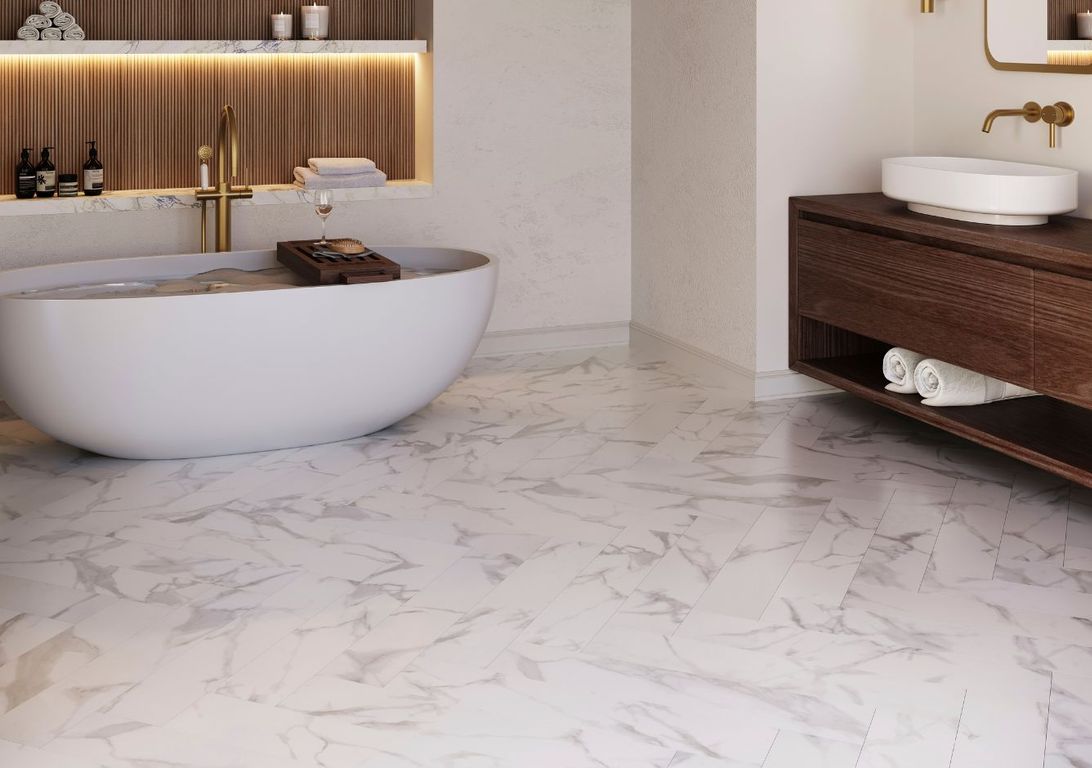 Sol vinyle INVICTUS BATON ROMPU , Marbre blanc, lame 14.50 x 74.30 cm