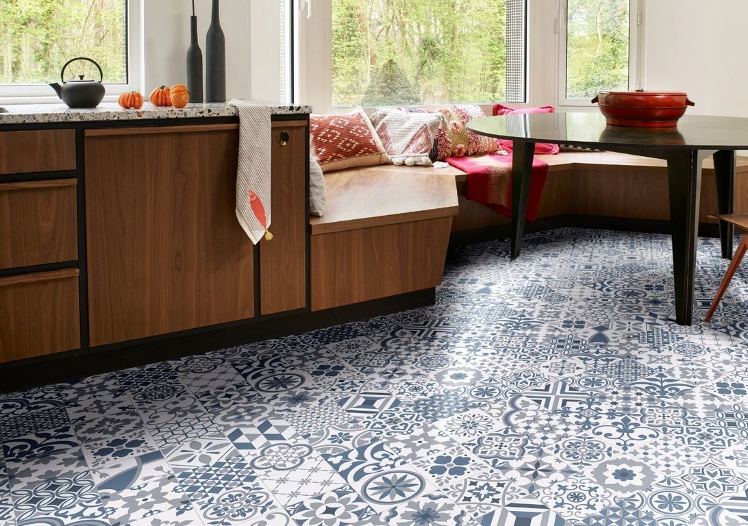 Sol vinyle rouleau TEXAS 3M , Carreaux ciment algarve bleu, rouleau 3.00 m