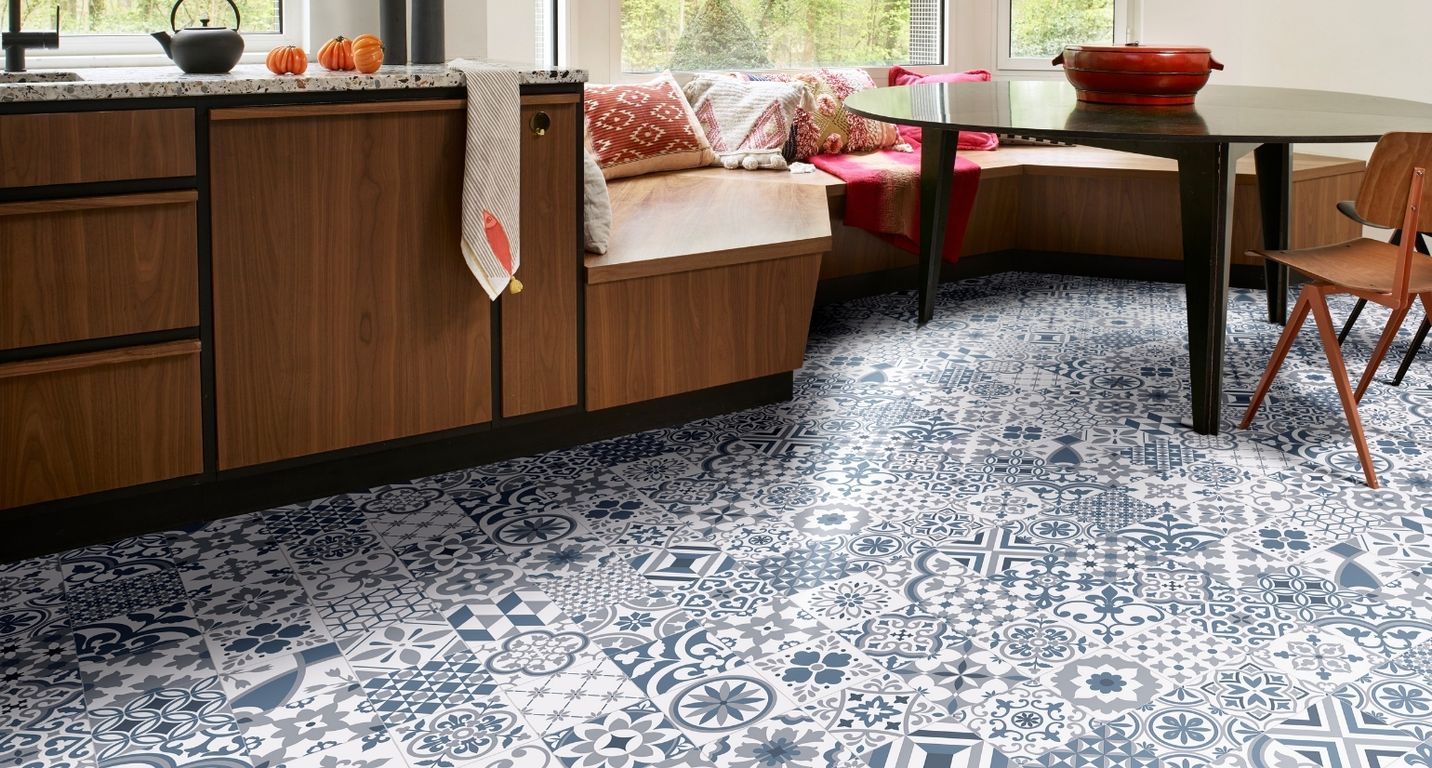 Sol vinyle rouleau TEXAS 3M , Carreaux ciment algarve bleu, rouleau 3.00 m