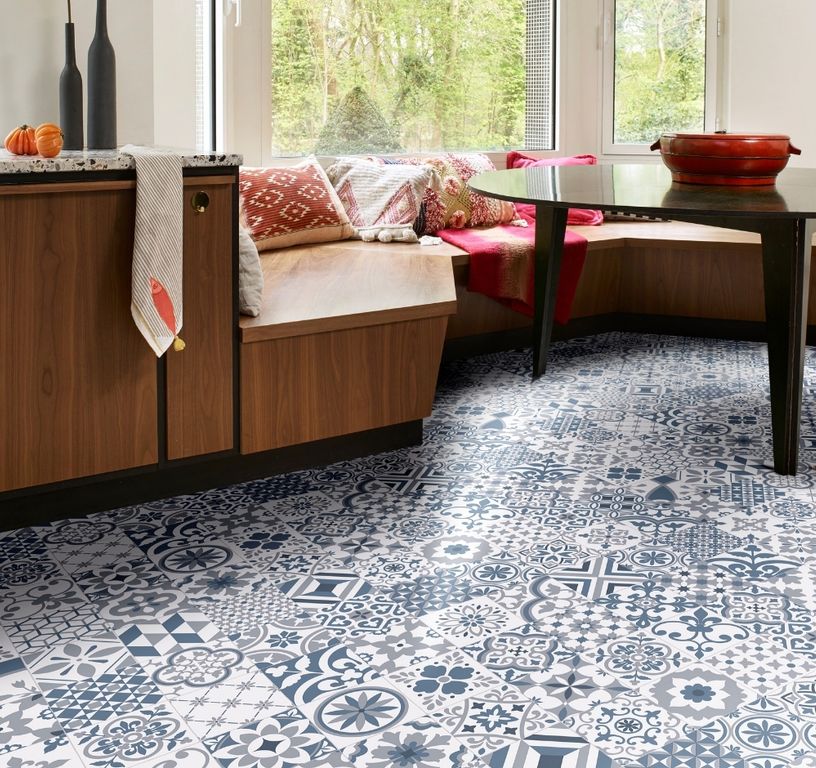 Sol vinyle rouleau TEXAS 3M , Carreaux ciment algarve bleu, rouleau 3.00 m