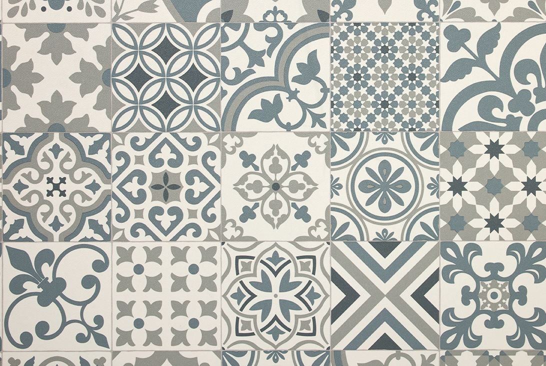 Sol vinyle rouleau TEXAS 3M , Carreaux ciment algarve bleu, rouleau 3.00 m