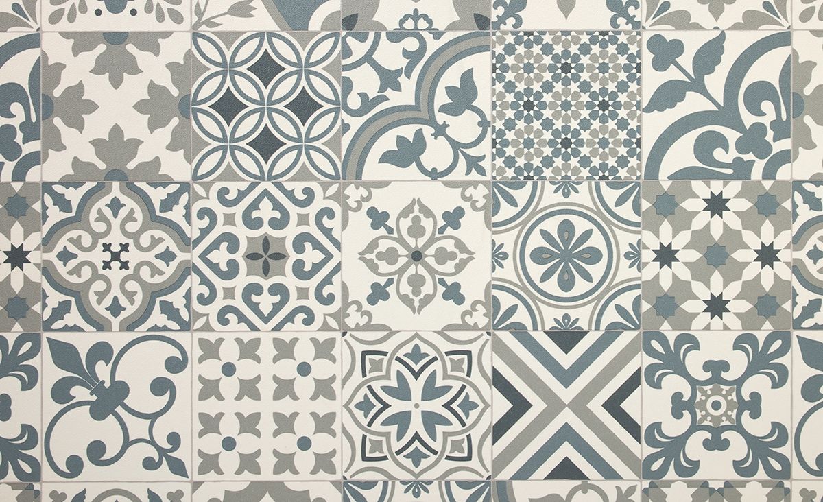 Sol vinyle rouleau TEXAS 3M , Carreaux ciment algarve bleu, rouleau 3.00 m