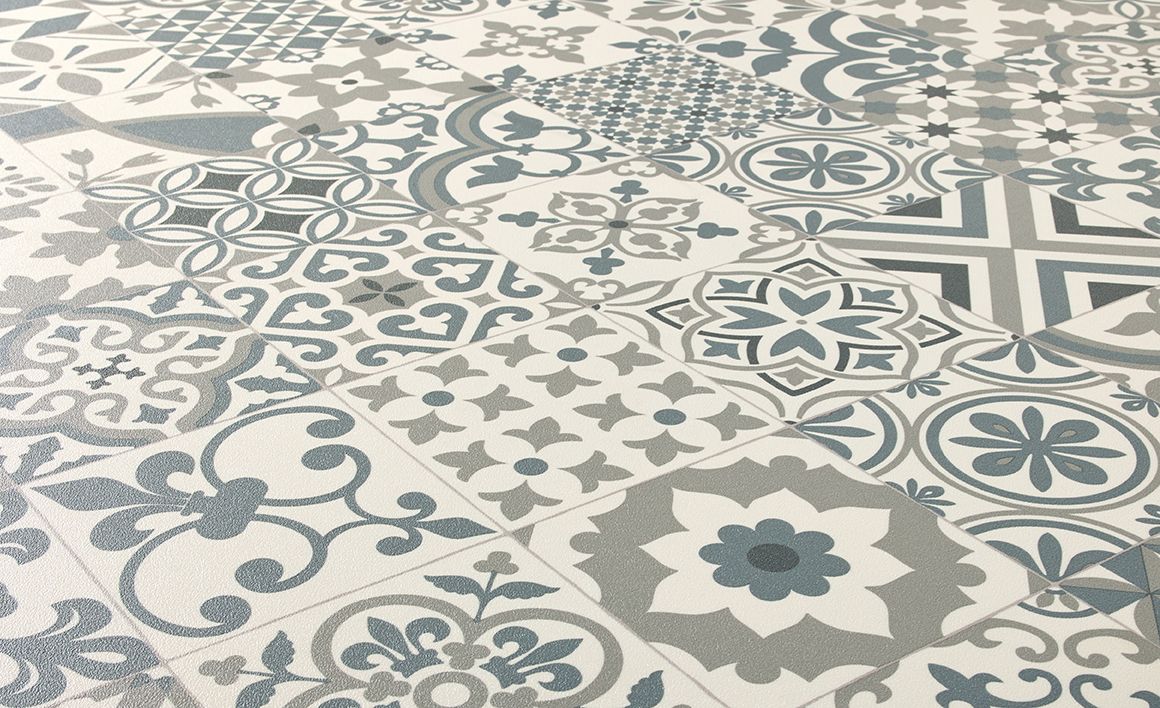 Sol vinyle rouleau TEXAS 3M , Carreaux ciment algarve bleu, rouleau 3.00 m