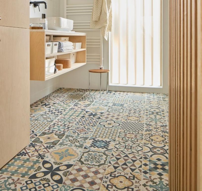 Sol vinyle rouleau MOONLIGHT , Carreaux ciment bleu jaune blanc, rouleau 4.00 m